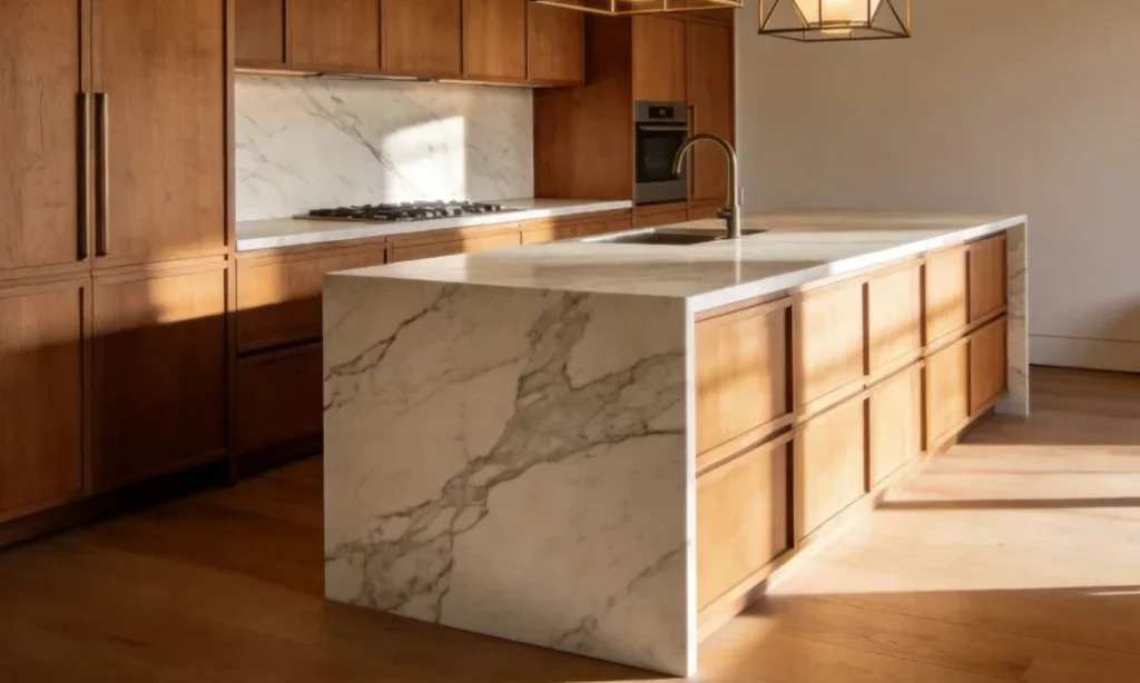 Bright modern kitchen featuring a Calacatta marble island countertop and matching backsplash, with natural sunlight highlighting the stone's unique veining