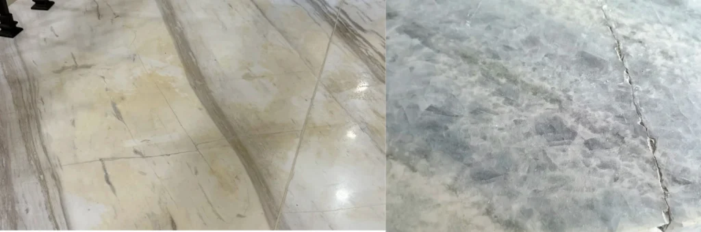 Marble floor showing signs of wear that need a restoration professional: discoloration, stains, and cracks on natural marble tile