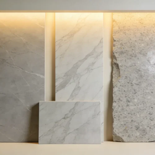 Natural stone slab samples including marble, terrazzo, granite, and limestone displayed in a showroom | Dongxing Stone Export FAQ