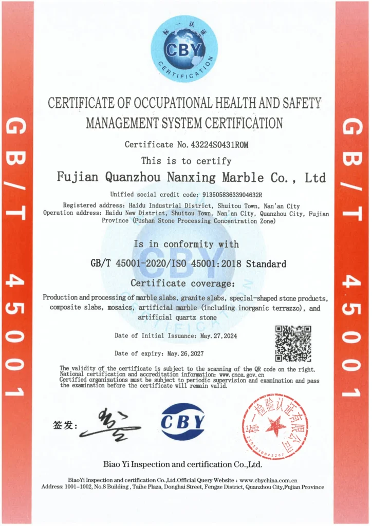 ISO 45001:2018 Occupational Health and Safety Management System Certification, ensuring a safe and healthy working environment for our stone processing operations.