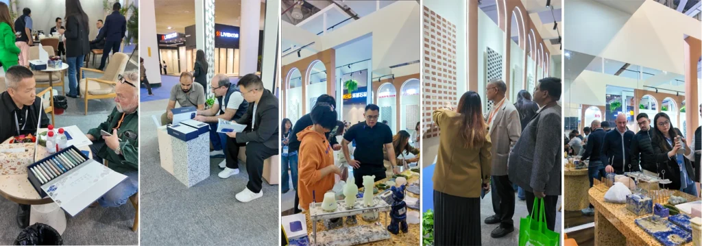 Xiamen Stone Fair 2026 highlights new terrazzo products and craftsmanship, displaying diverse textured, mosaic, and 3D carved terrazzo designs for global buyers