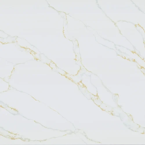 White quartz slab with natural gold and grey veining, polished finish for bathroom and kitchen countertops