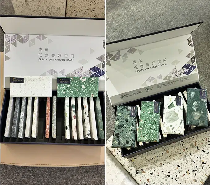 This premium sample set features a curated range of terrazzo designs, including light off-white bases with fine aggregates, deep green bases with bold large-scale chips, and pale green bases embedded with natural marble/onyx fragments.
