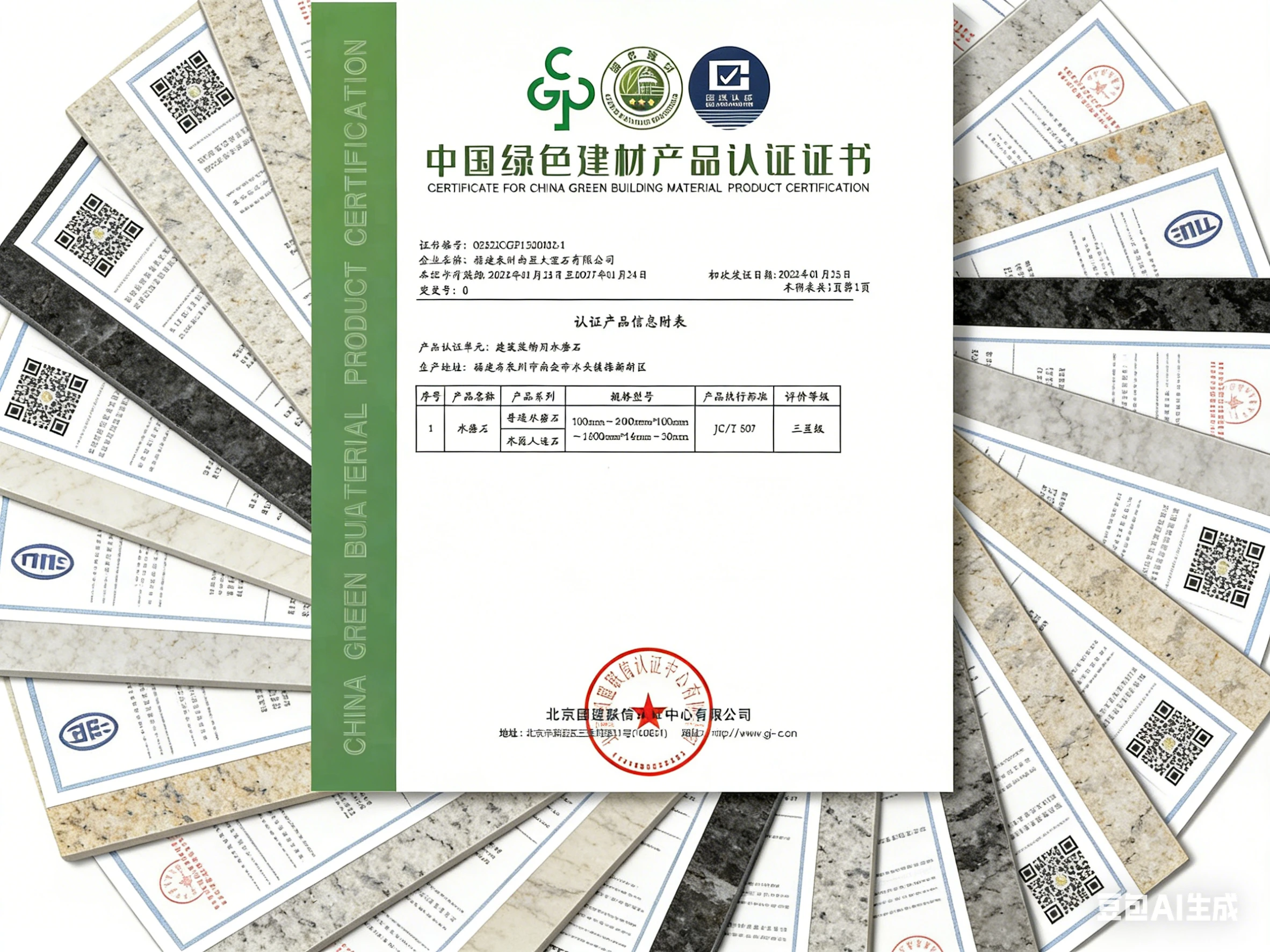 A China Green Building Material Product Certification certificate surrounded by various stone samples, highlighting eco-friendly and quality-assured products.