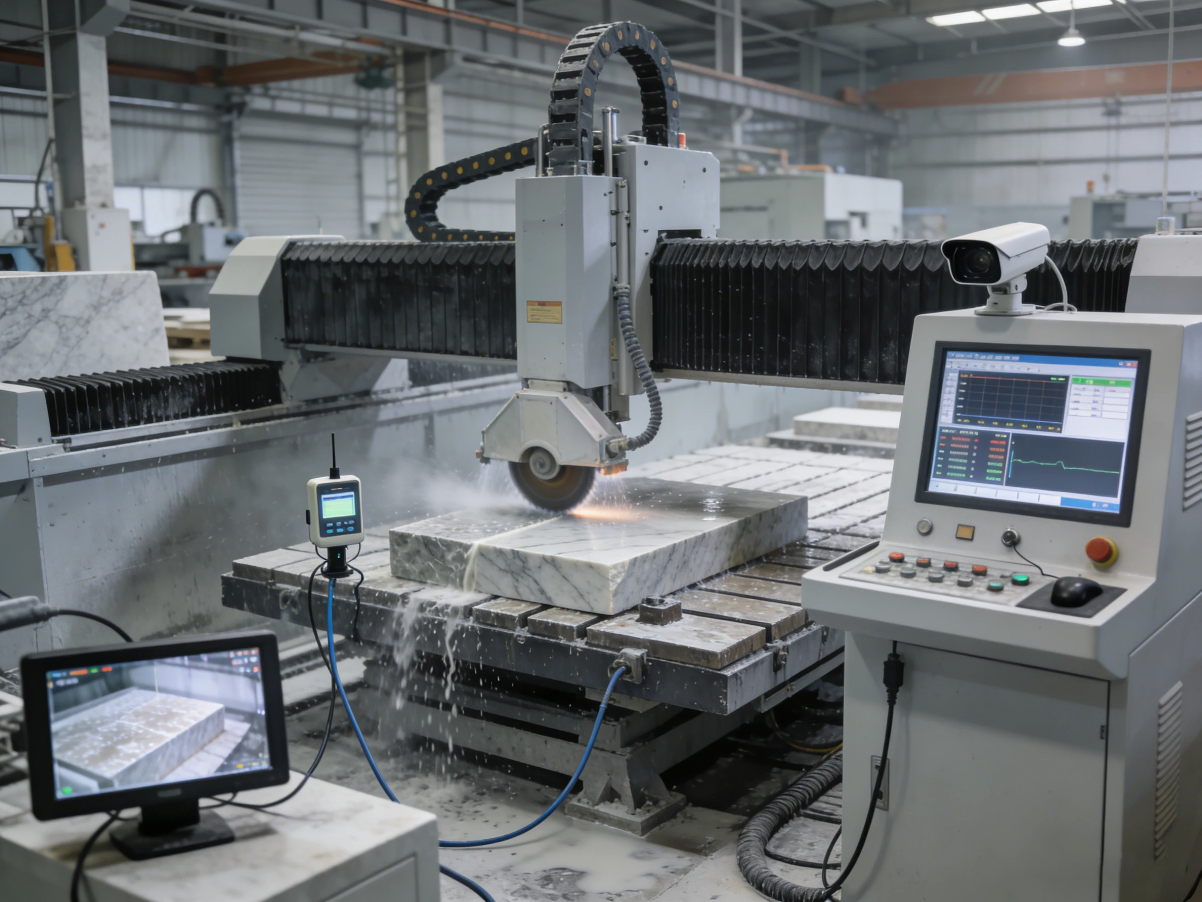 A CNC stone cutting machine slicing through a marble slab, with real-time monitoring and control systems ensuring accuracy and safety.