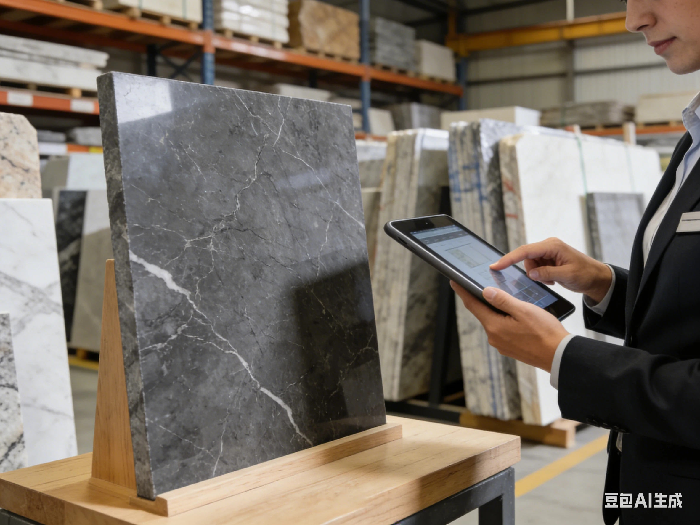 A salesperson using a tablet to select and visualize a large dark marble slab in a warehouse with stacked stone slabs.