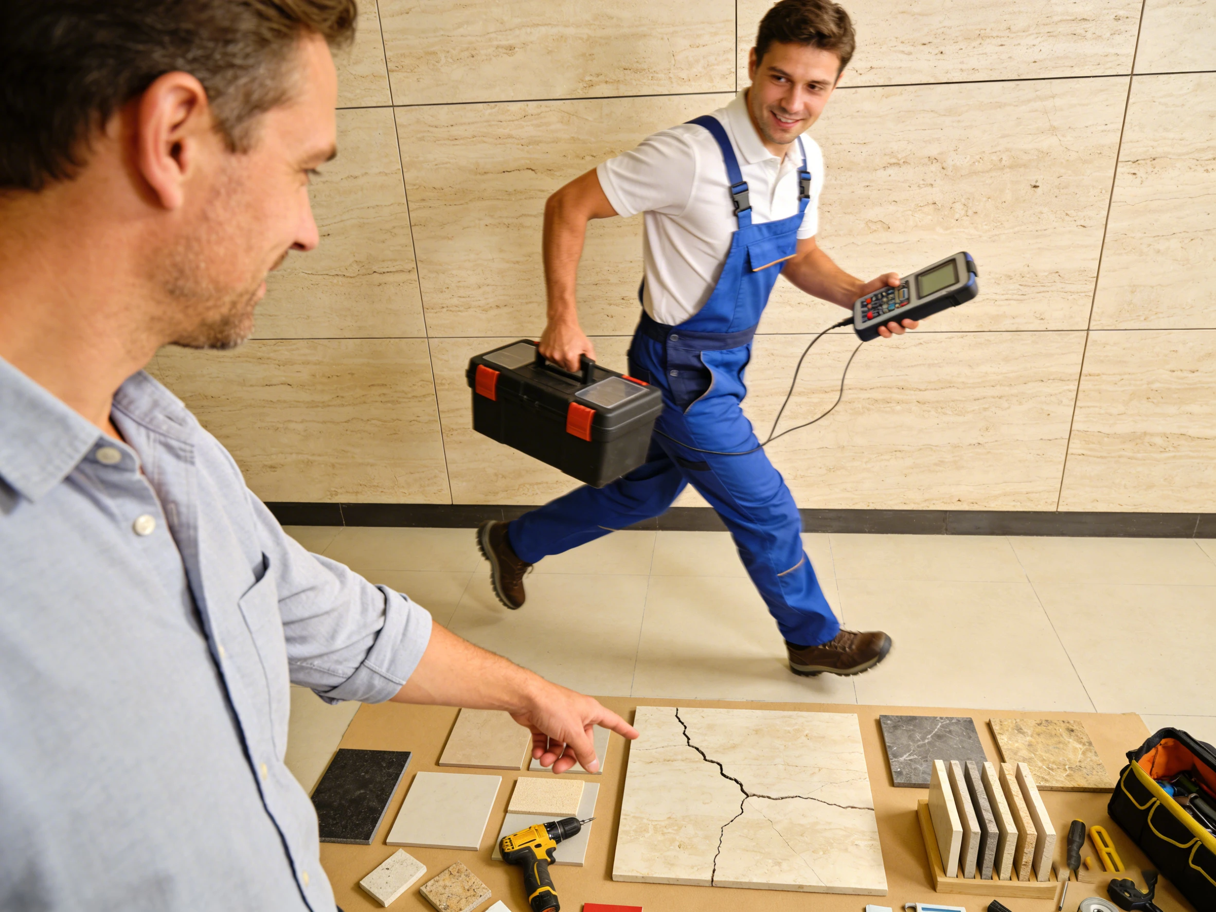 A repairman rushing with tools to fix a cracked travertine tile while the customer points out the damage in an interior space.
