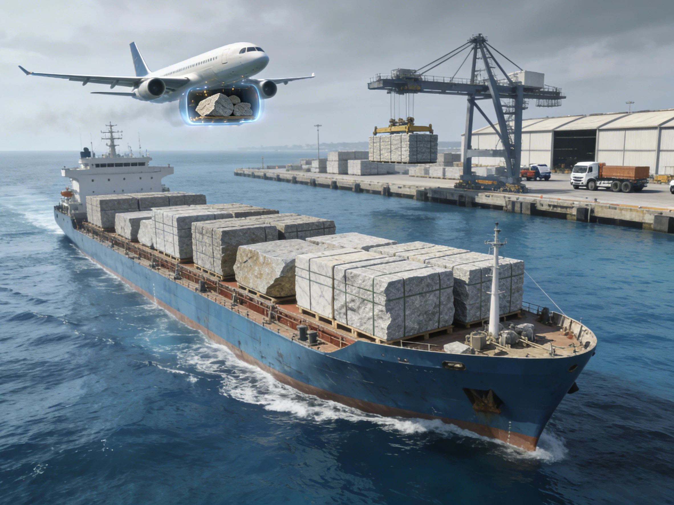 A cargo ship loaded with stone blocks at a busy port, alongside a futuristic cargo plane, illustrating global stone export and logistics.