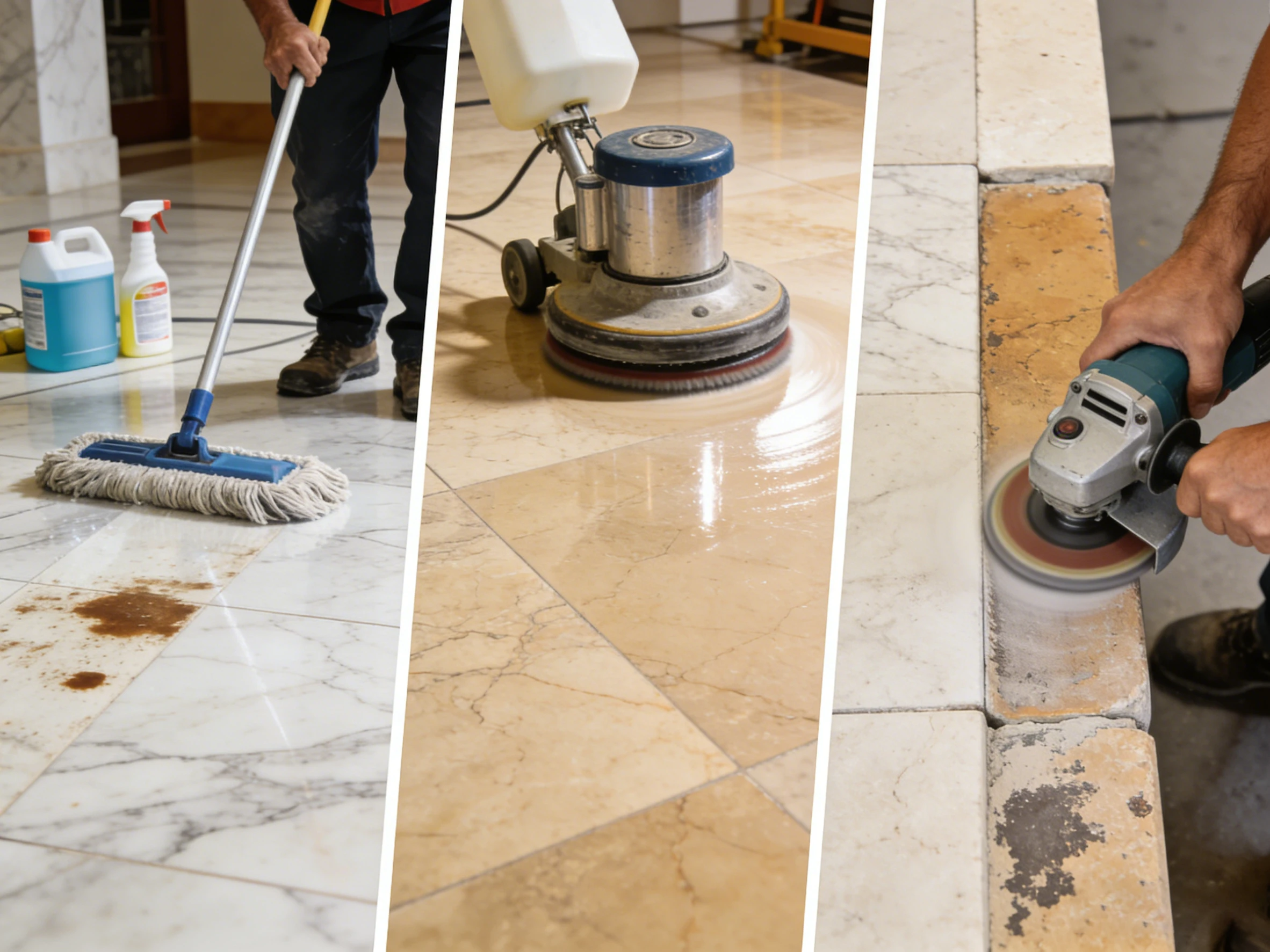 Collage showing three stages of stone care: cleaning stains, machine polishing, and edge grinding restoration for marble floors.