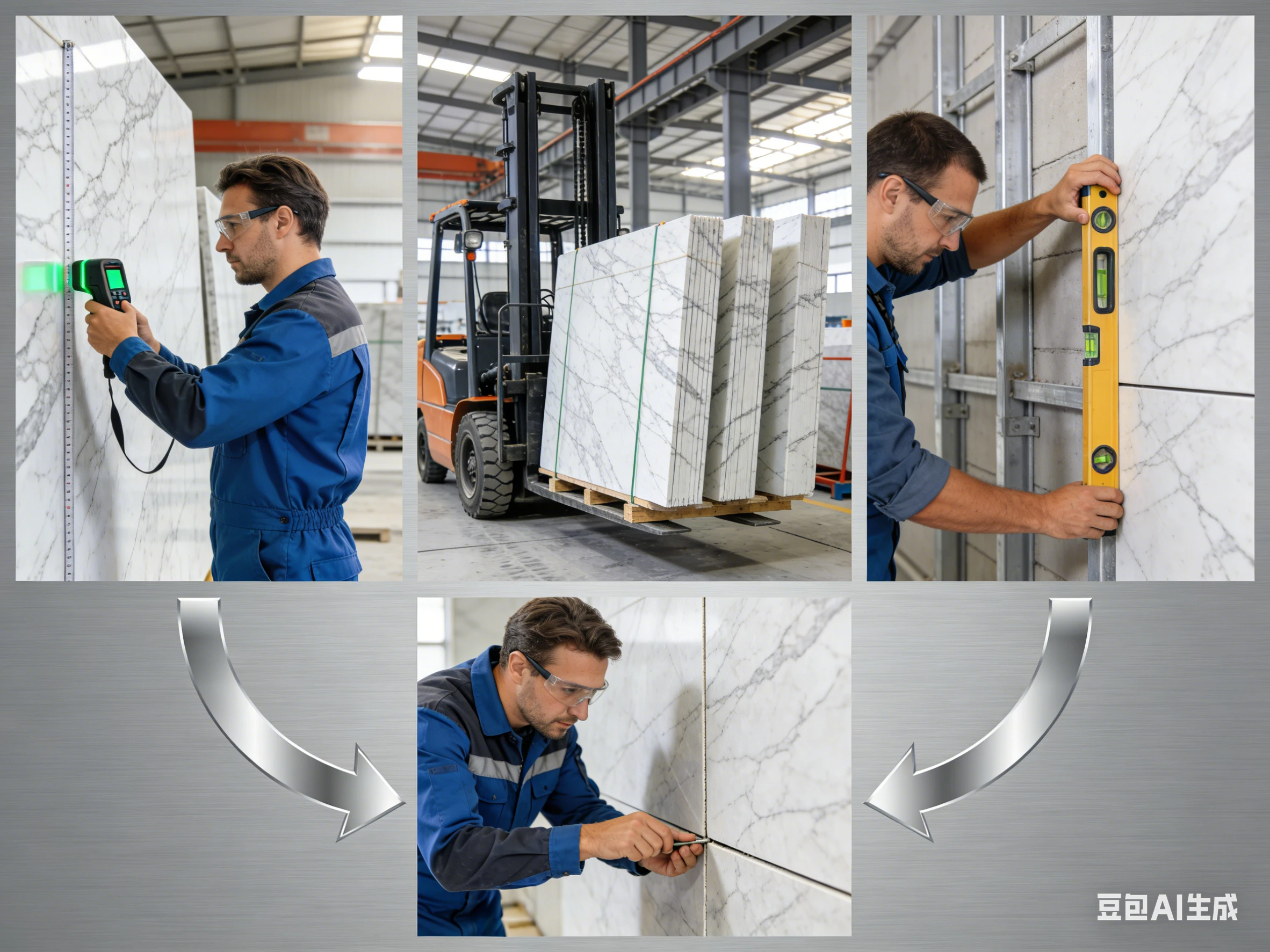 A collage illustrating the complete marble installation process: measuring, transporting, leveling, and final joint finishing.