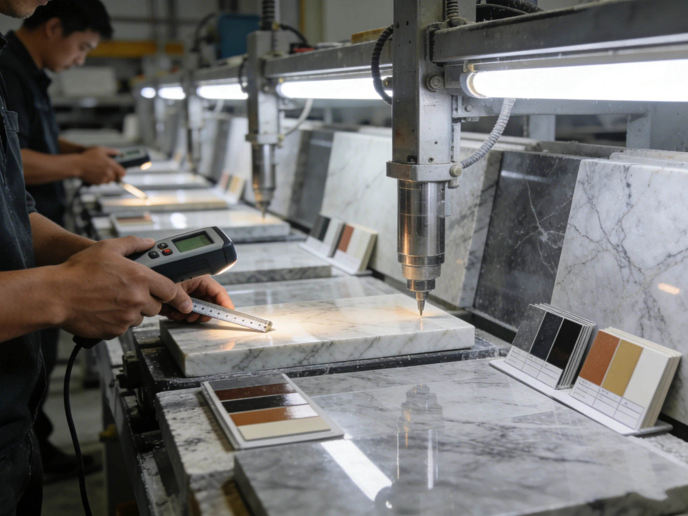 Workers inspecting marble slabs with digital measuring tools in a factory, ensuring precision and quality control.