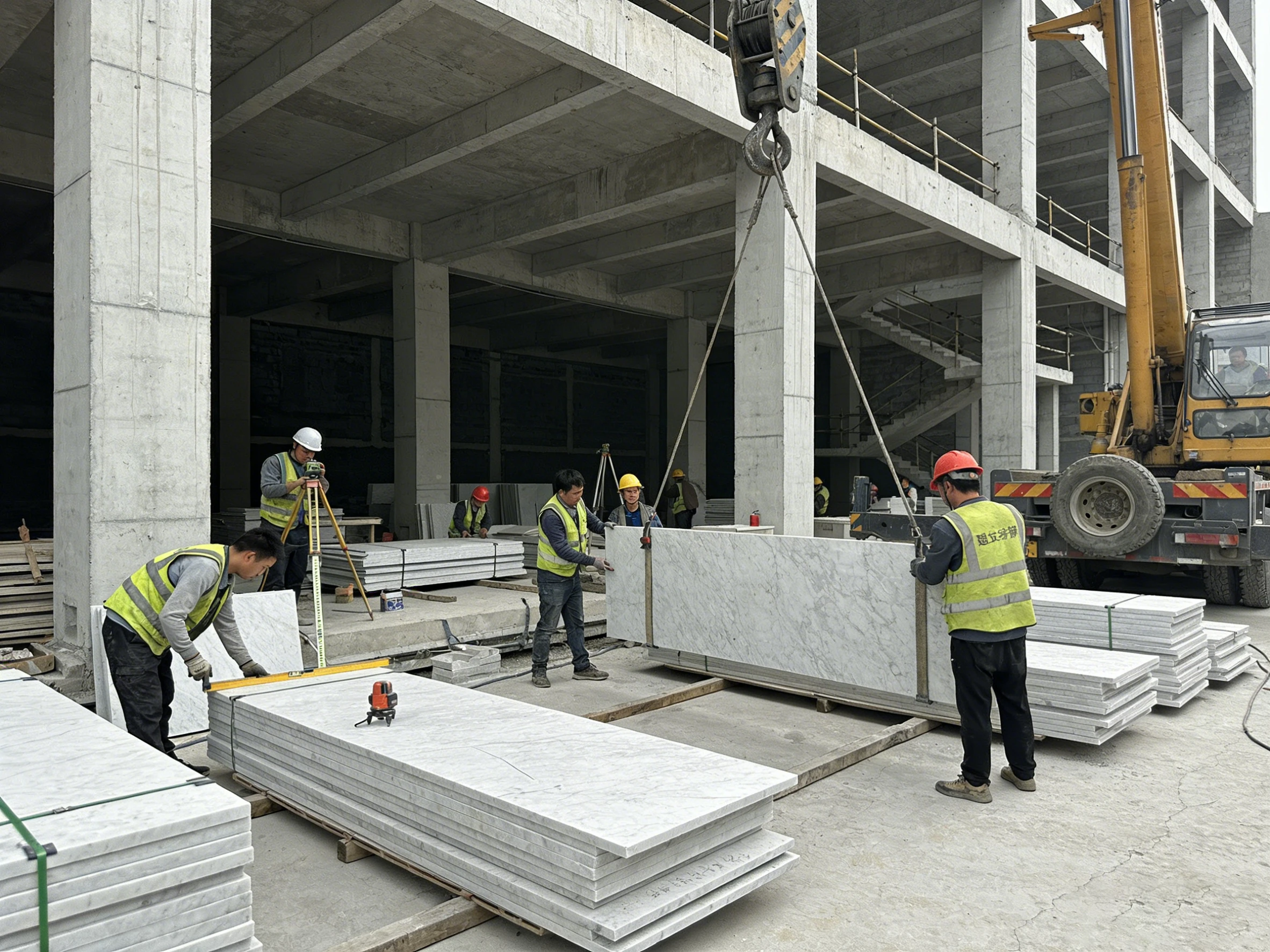 Workers using a crane to install large marble slabs at a construction site, with surveying and leveling equipment ensuring precision.