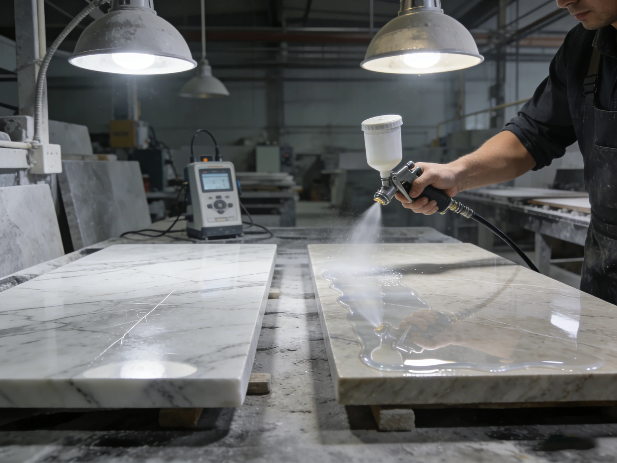 A technician applying a protective sealant to a polished marble slab using a spray gun, with a quality control device in the background.