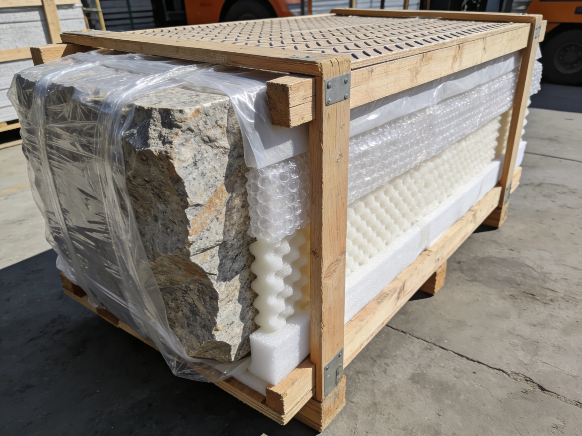 A large stone block securely packed in a wooden crate with foam and plastic wrap, ready for international export.