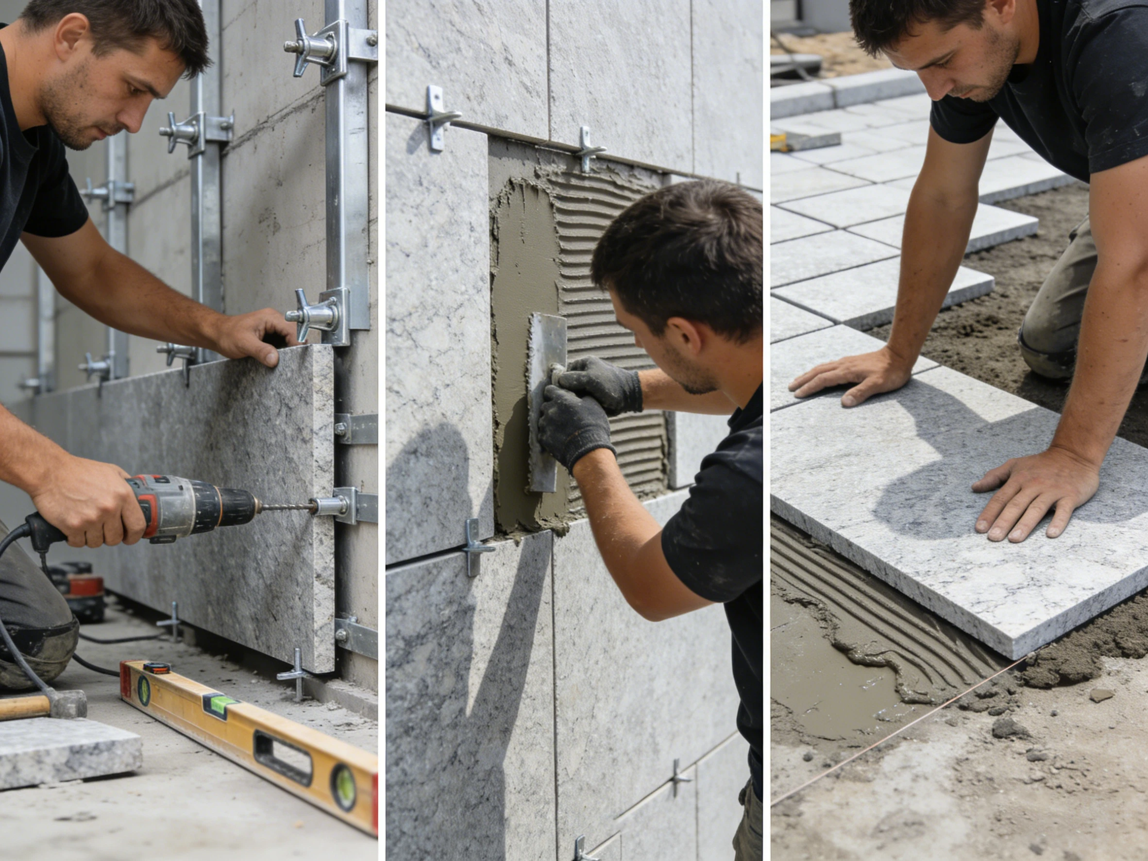 A triptych showing stone cladding with metal brackets, applying adhesive, and laying floor tiles, illustrating professional stone installation techniques.