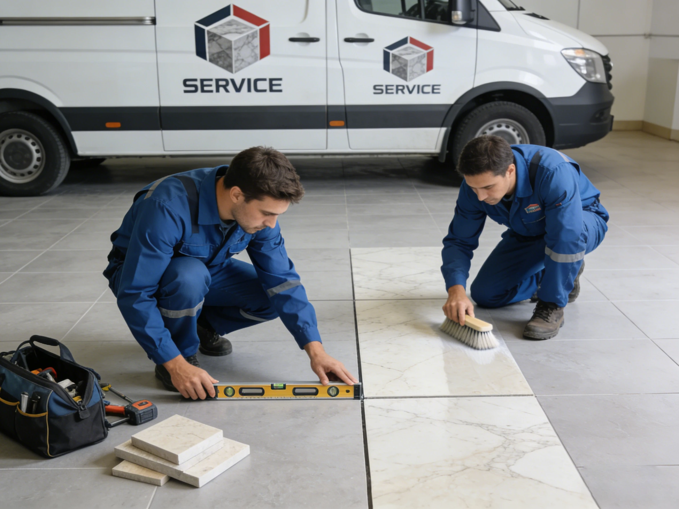Professional technicians installing and cleaning marble floor tiles with a level tool, with a branded service van in the background.