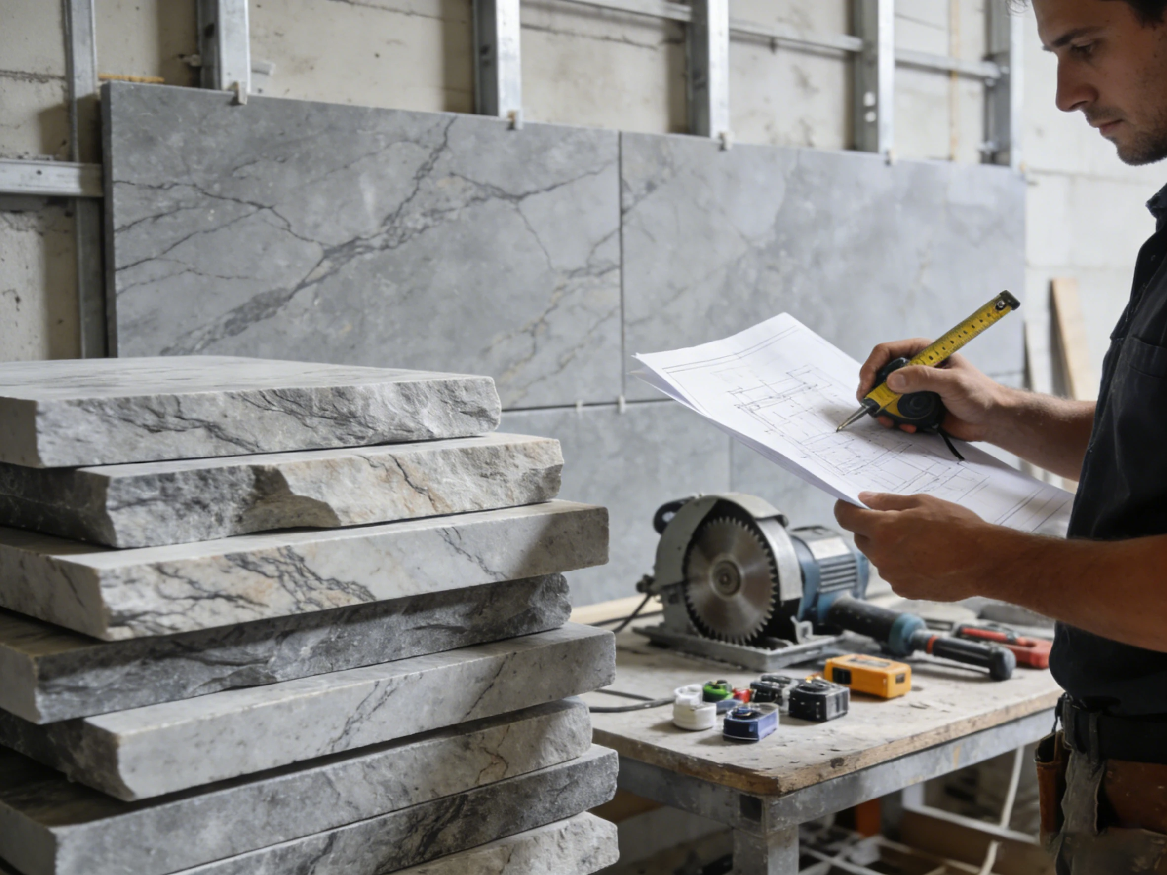 A craftsman reviewing architectural plans and measuring stacked marble slabs, preparing for a precise installation project.