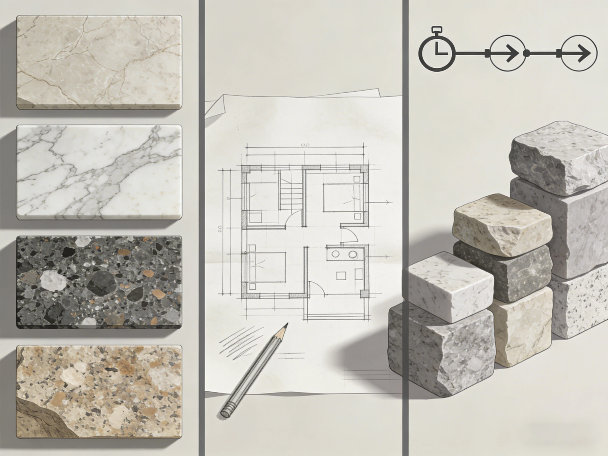 A design concept showing stone material samples, an architectural floor plan, and raw stone blocks, illustrating the selection process for interior projects.