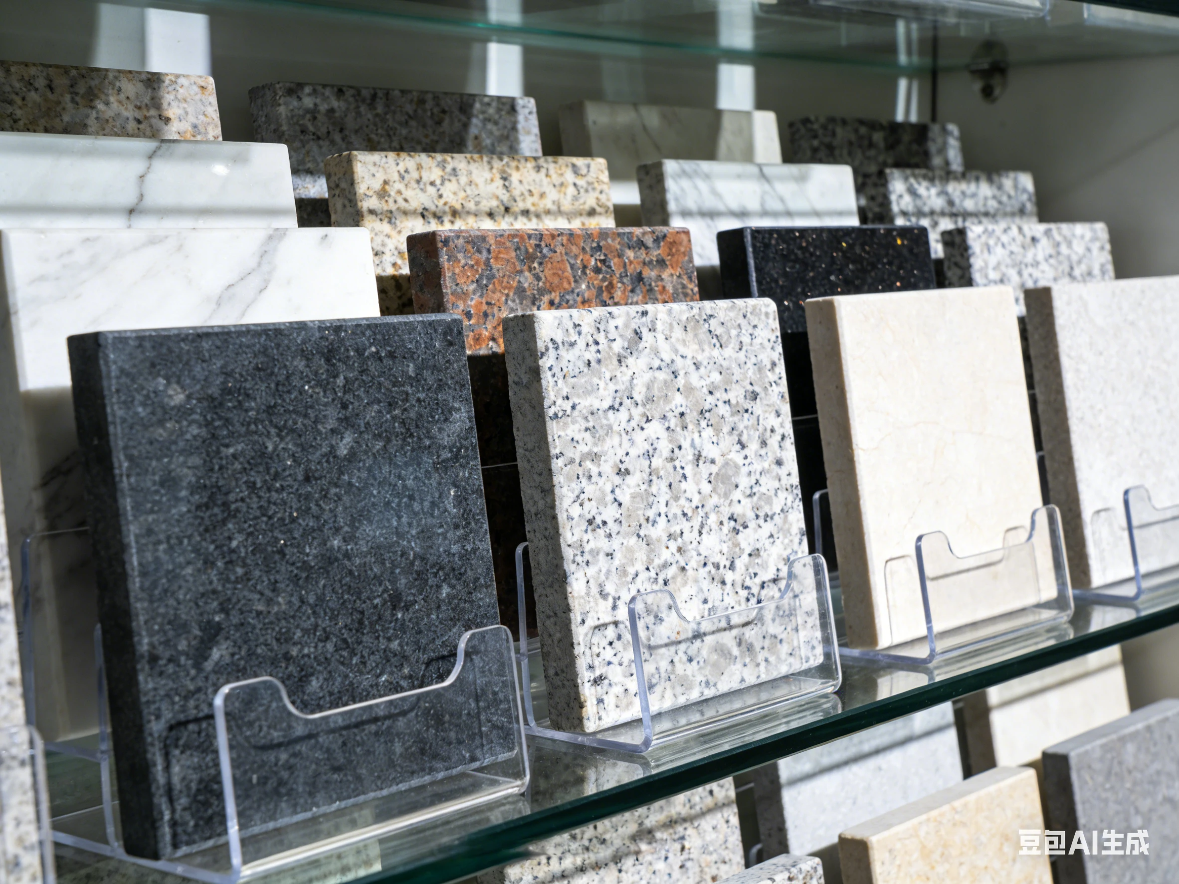 A glass display rack showcasing a variety of granite, marble, and terrazzo stone samples in a showroom.