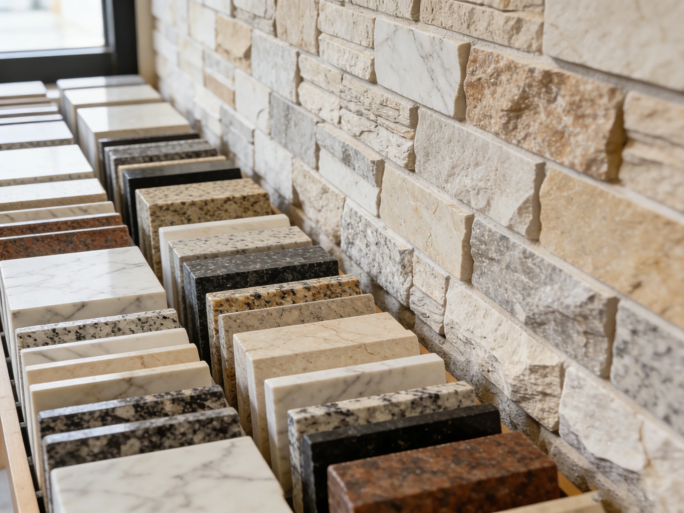 A showroom display of various stone samples, including marble, granite, and travertine, arranged on shelves and a feature wall for easy comparison.
