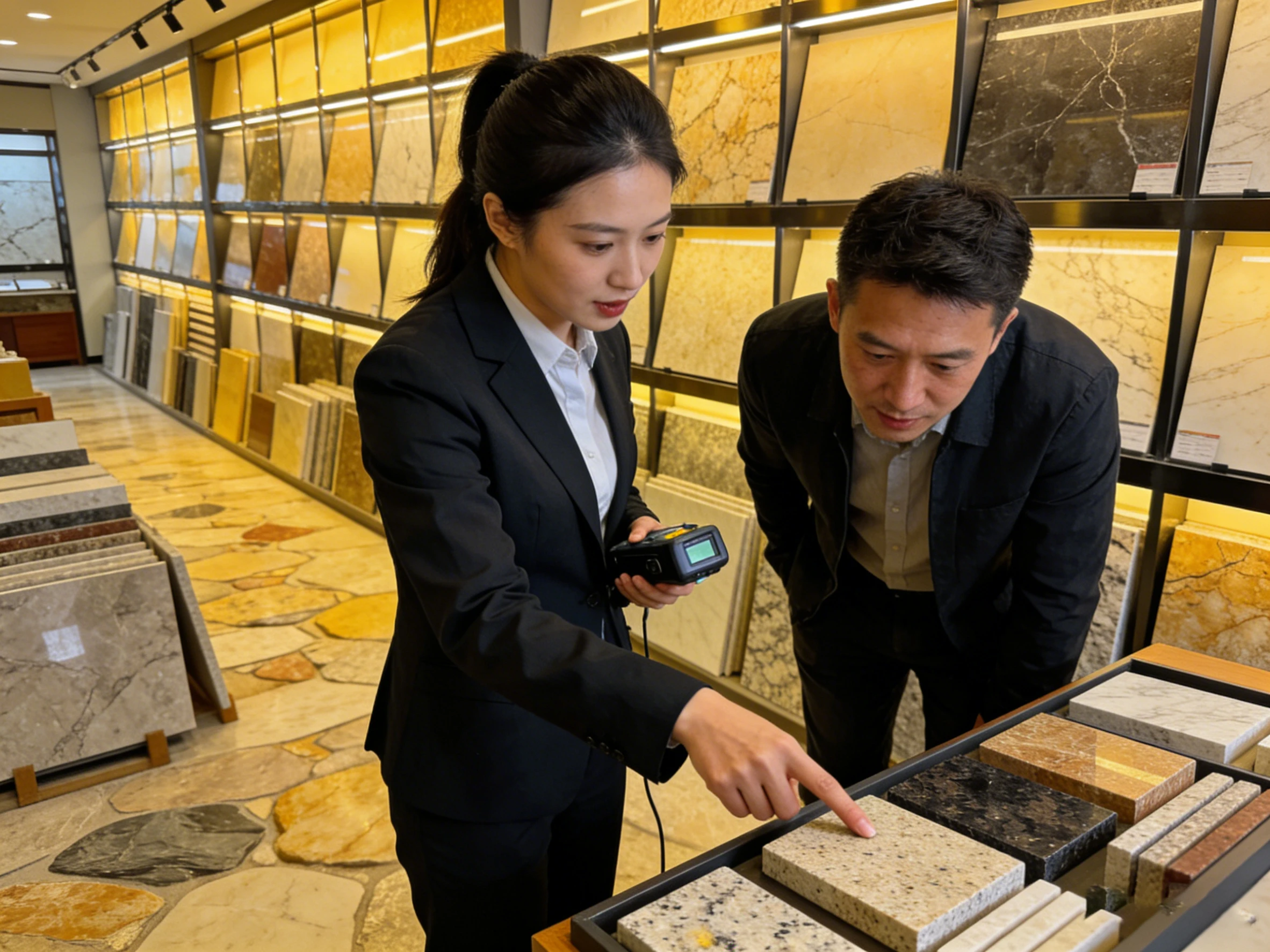 A sales consultant showing various stone samples and using a QR scanner to assist a client in a modern stone showroom.