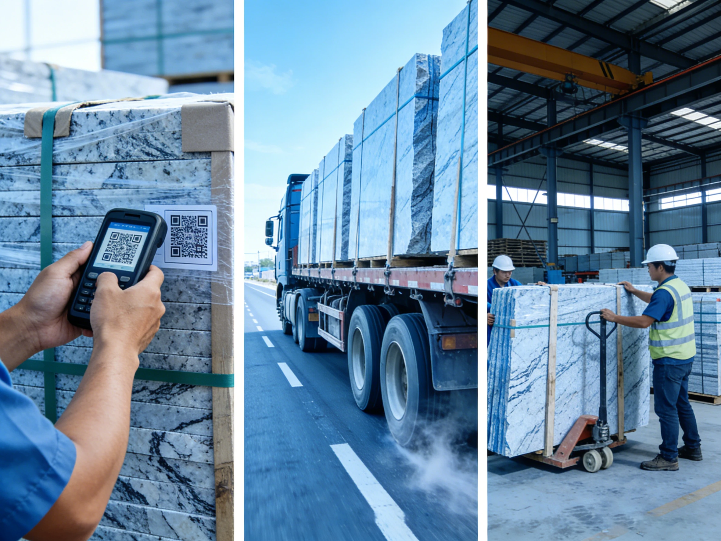 A triptych showing stone slab tracking with a QR code scanner, road transport on a truck, and warehouse handling, demonstrating end-to-end supply chain management.