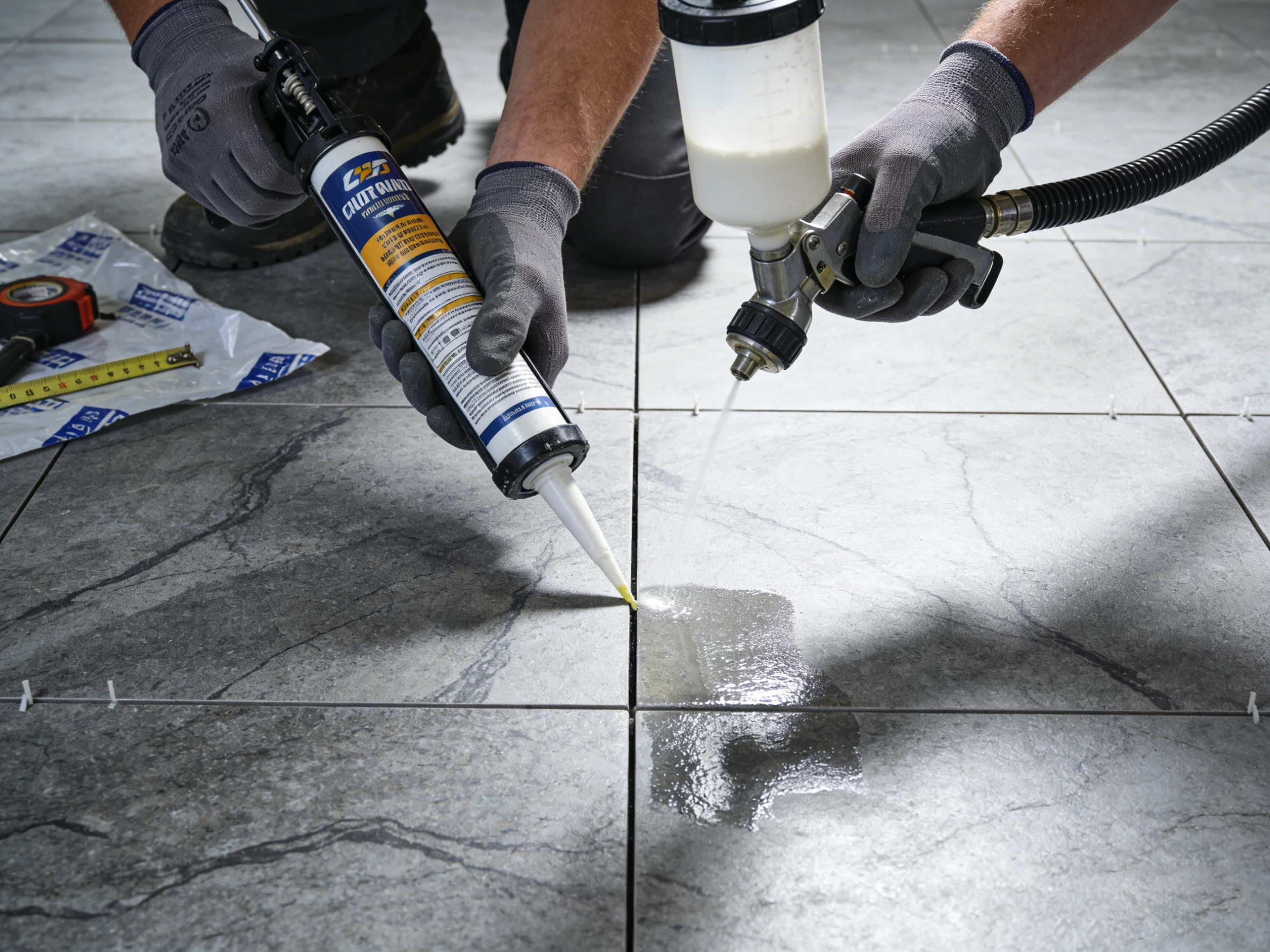 A technician applying grout and sealant to stone tile joints using a caulking gun and sprayer for a waterproof finish.