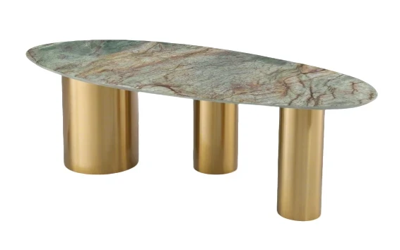 Contemporary oval dining table with Amazon Green exotic quartzite top, featuring natural green and red veining, supported by polished brass cylindrical legs