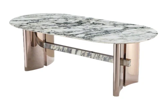 Contemporary oval dining table with Arabescato white marble top with bold black veining, supported by rose gold metal legs, luxury dining room furniture