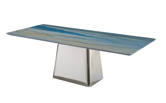 Rectangular dining table with natural Blue Macauba exotic stone top, featuring stunning blue and white wave patterns, paired with polished stainless steel base