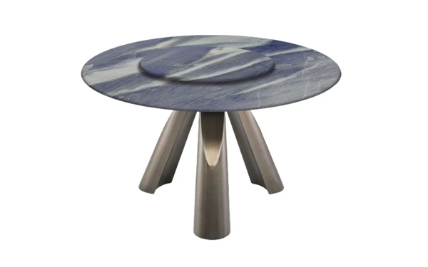 Luxury round dining table with blue sodalite stone top, integrated lazy susan, and brushed bronze tapered legs, high-end dining furniture