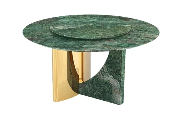 Modern round dining table with deep green exotic marble top, built-in lazy susan, and sculptural gold metal base, luxury dining furniture