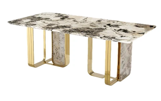 Rectangular dining table with Pandora exotic stone top with dramatic black and grey veining, paired with polished gold U-shaped metal legs, luxury dining furniture