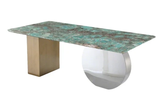 Luxury rectangular dining table with natural turquoise exotic stone top, paired with mixed brushed gold and polished silver metal legs, premium modern furniture for dining room