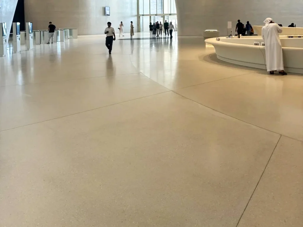 Polished epoxy resin terrazzo floor in museum public area, durable seamless terrazzo flooring for commercial projects