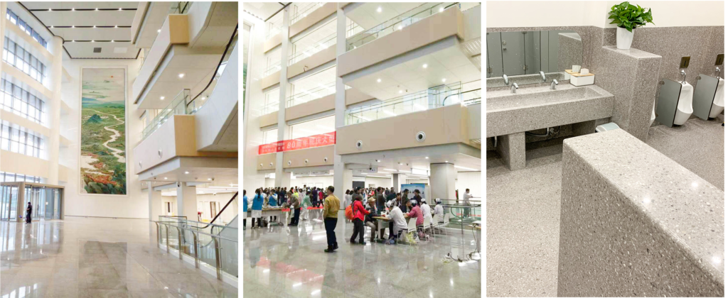 Polished inorganic terrazzo flooring and countertops in a modern hospital building. The durable, hygienic terrazzo surface is used in the lobby, public corridors, and restrooms, meeting the high hygiene and wear-resistance requirements of healthcare facilities.