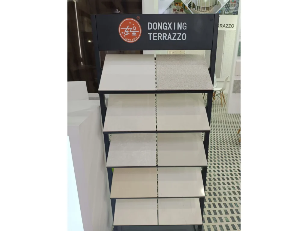Dongxing artificial travertine sample display rack, high-performance inorganic terrazzo imitation travertine tiles, natural travertine neutral beige tone for wall and floor decoration