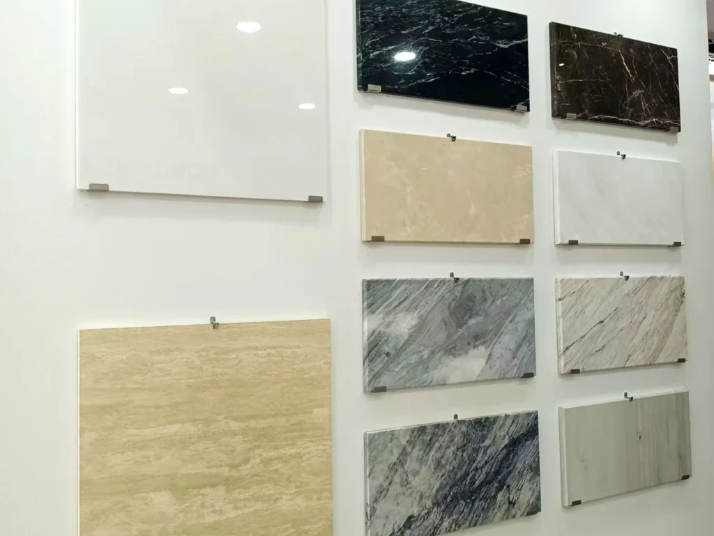 Dongxing Quartz Stone Sample Wall, Polished Engineered Quartz Slab Swatches in White, Beige, Black, Grey for Countertops & Wall Cladding