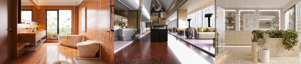 Luxury commercial hotel interior design with colorful inorganic terrazzo slabs used on bathroom walls, flooring and reception counter, eco-friendly cement-based terrazzo panels for modern hospitality decoration