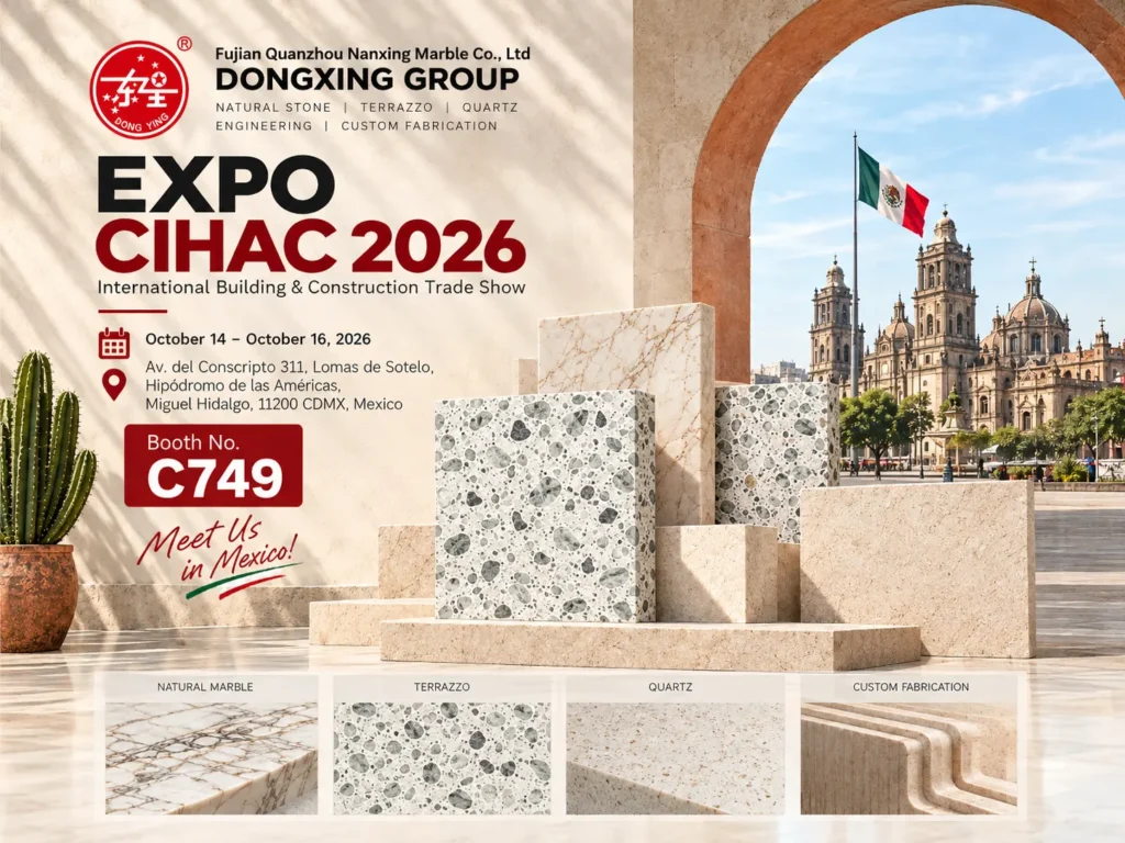 Dongxing inorganic terrazzo booth C749 invite at Expo CIHAC 2026 Mexico City building construction trade show